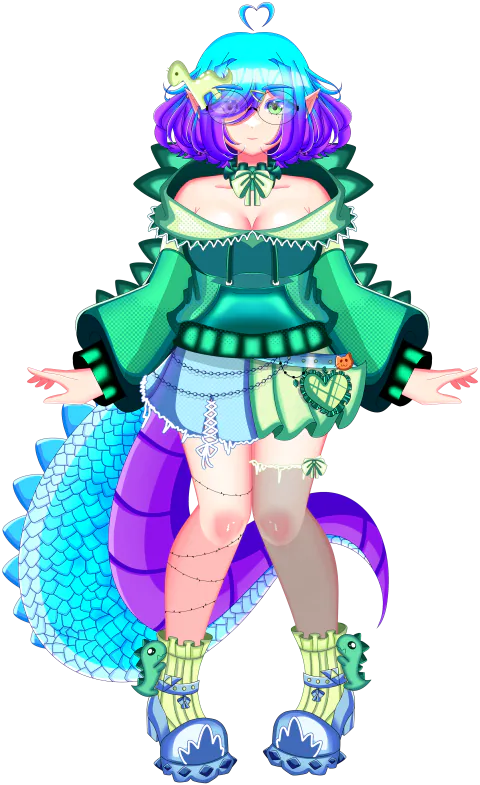 Ilustración de cuerpo completo de ZelRawr: VTuber dino de pelo azul y violeta, gafas redondas, sudadera verde con púas y una cola de escamas azules